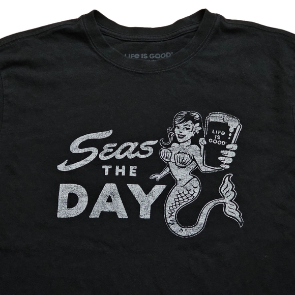 Life Is Good Mermaid Seas The Day Black Crusher Tee T-Shirt Men Medium College - Picture 2 of 7